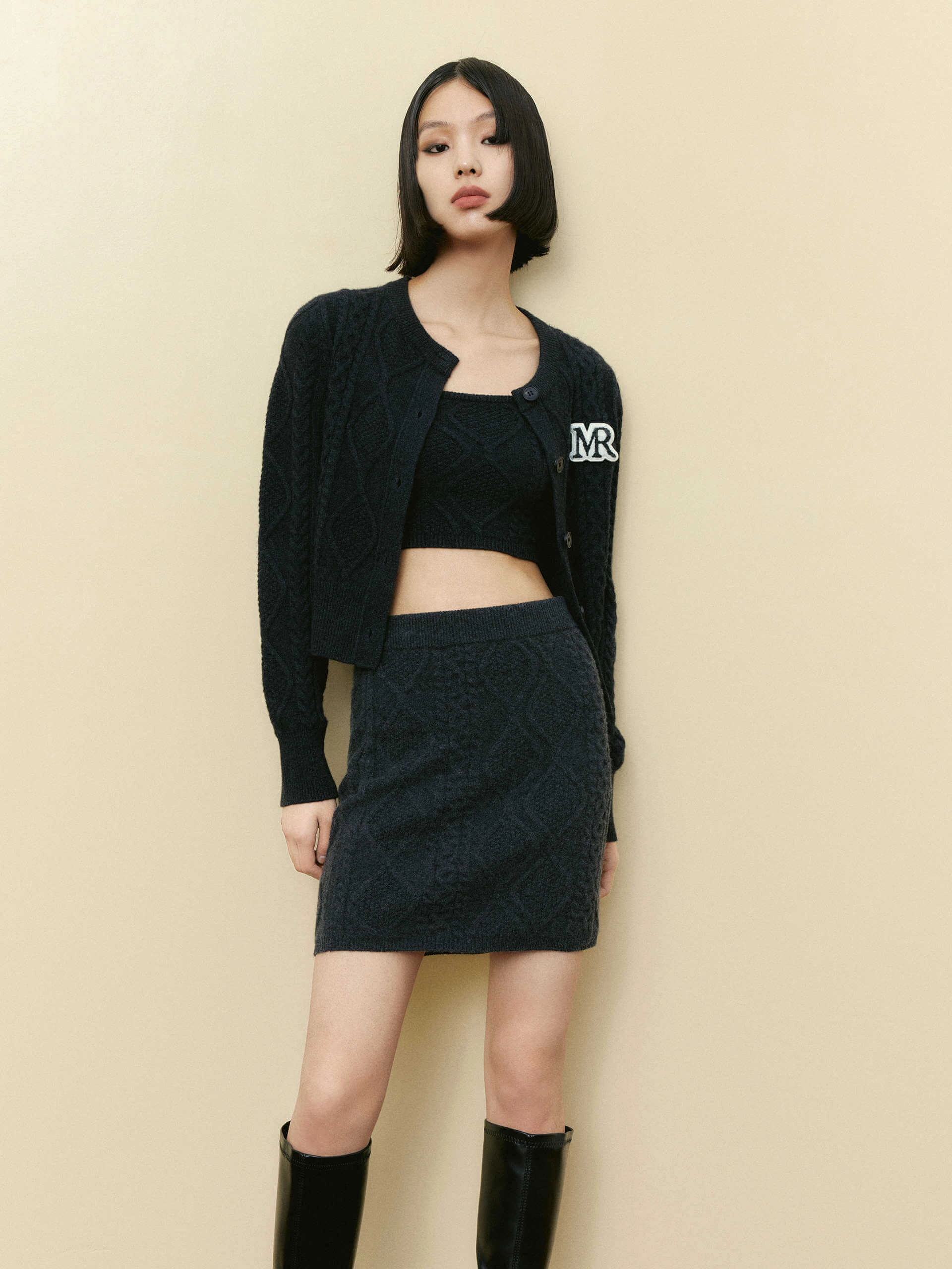 MultiDirectionalStretch Resilient Fabric Blend Cropped Cable Knit Cardigan Set