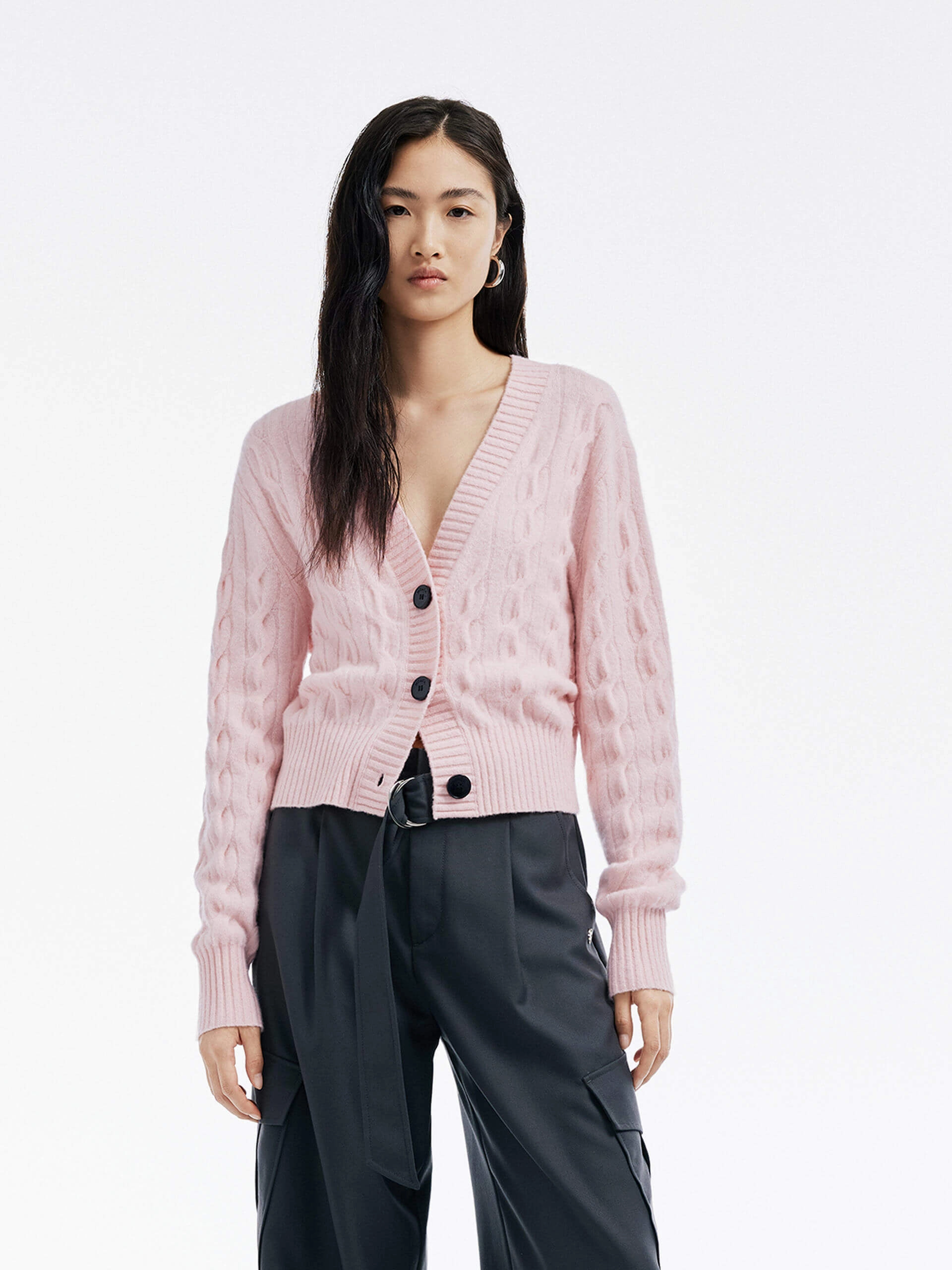 Cropped Cable Knit Cardigan Non Restrictive Armhole Cut LowMaintenance