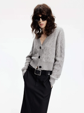 Petal Sleeve Architecture YarnDyedQuality Cropped Cable Knit Cardigan