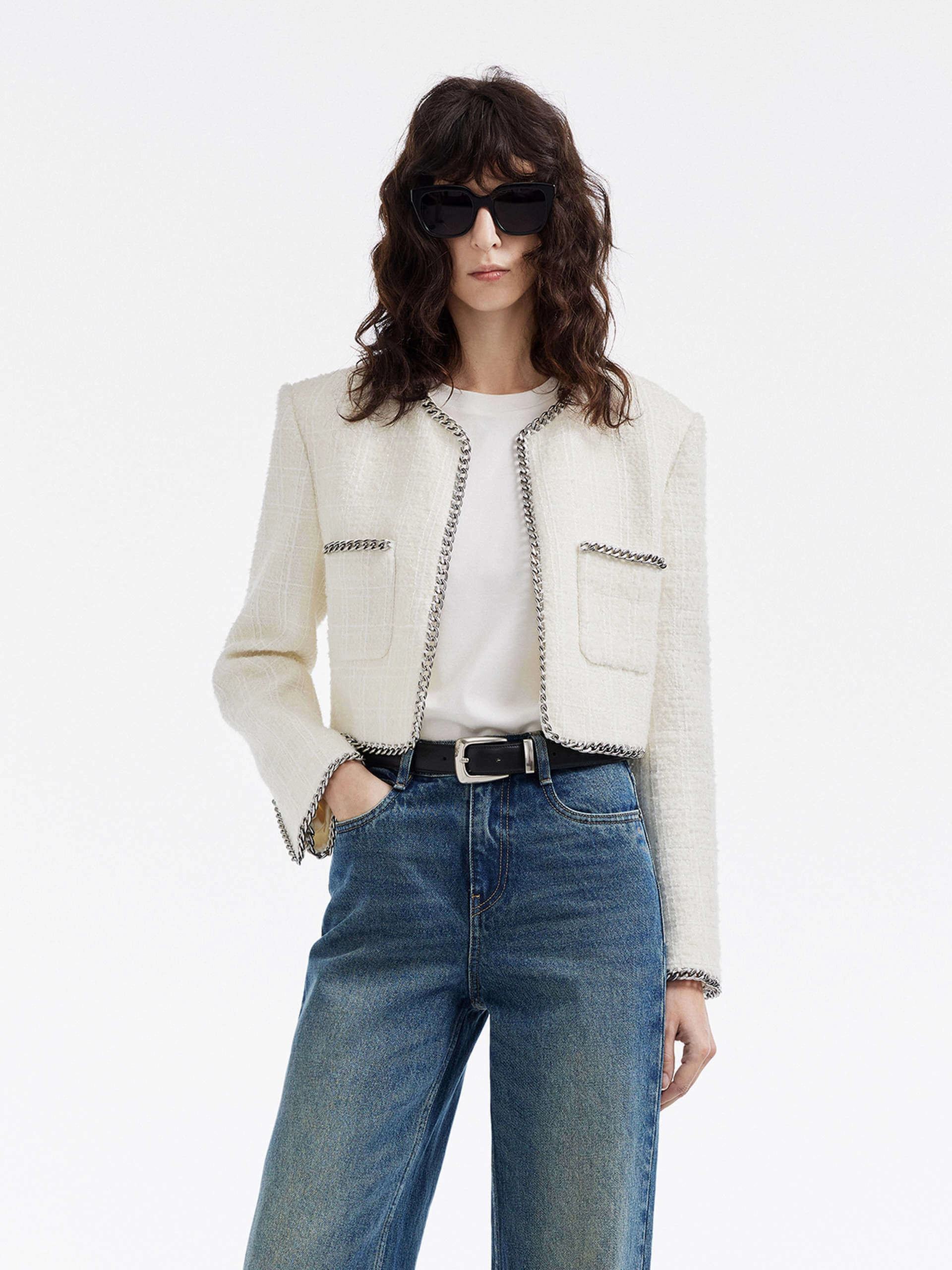 Seam Sealed Construction Cropped Chain Trim Jacket