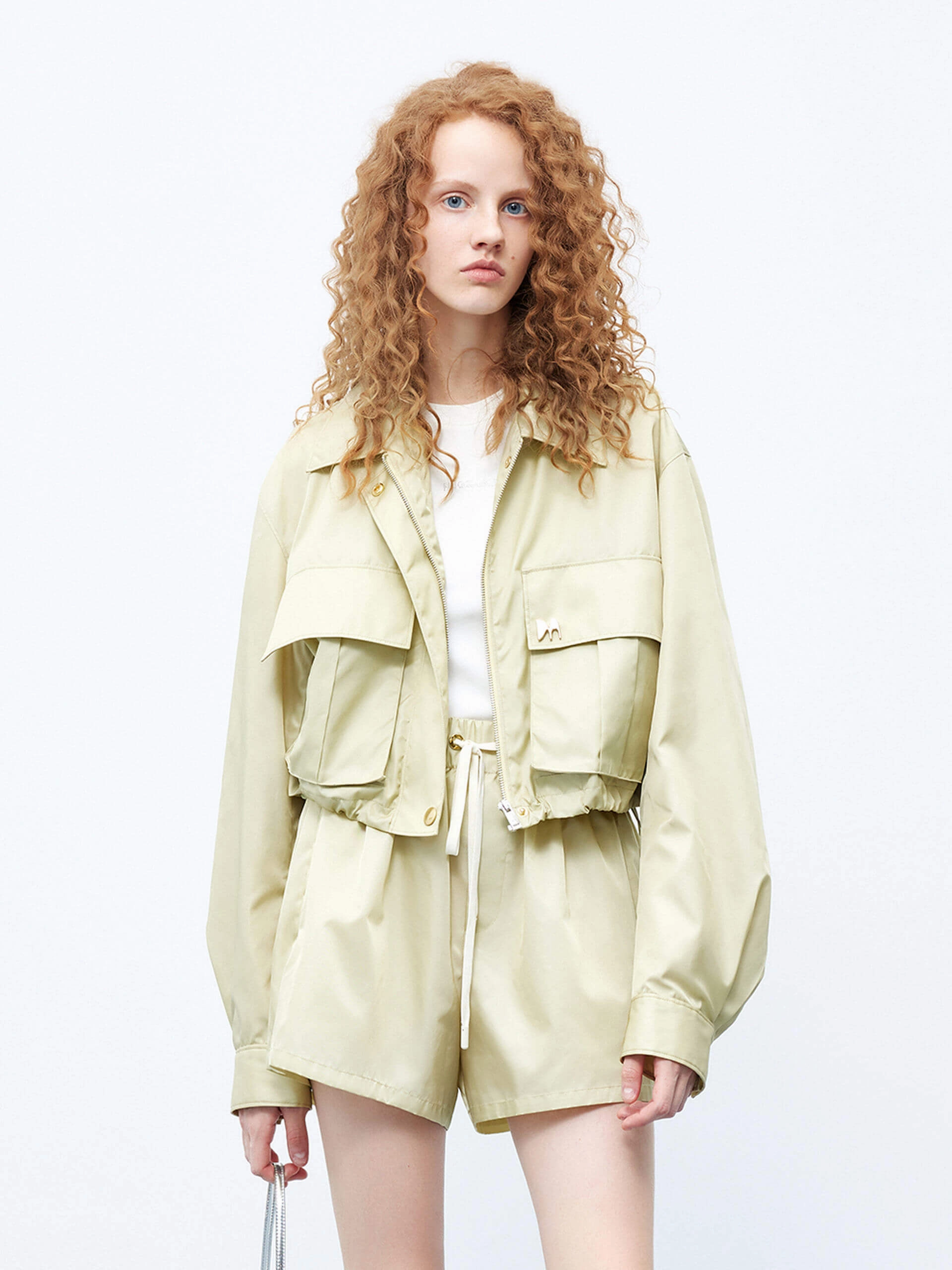 Cropped Drawstring Hem Coat Layered Collar Reversible Layer