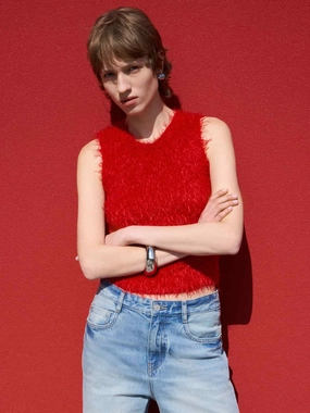 Cropped Fuzzy Knit Tank Friction Resistant Shoulder