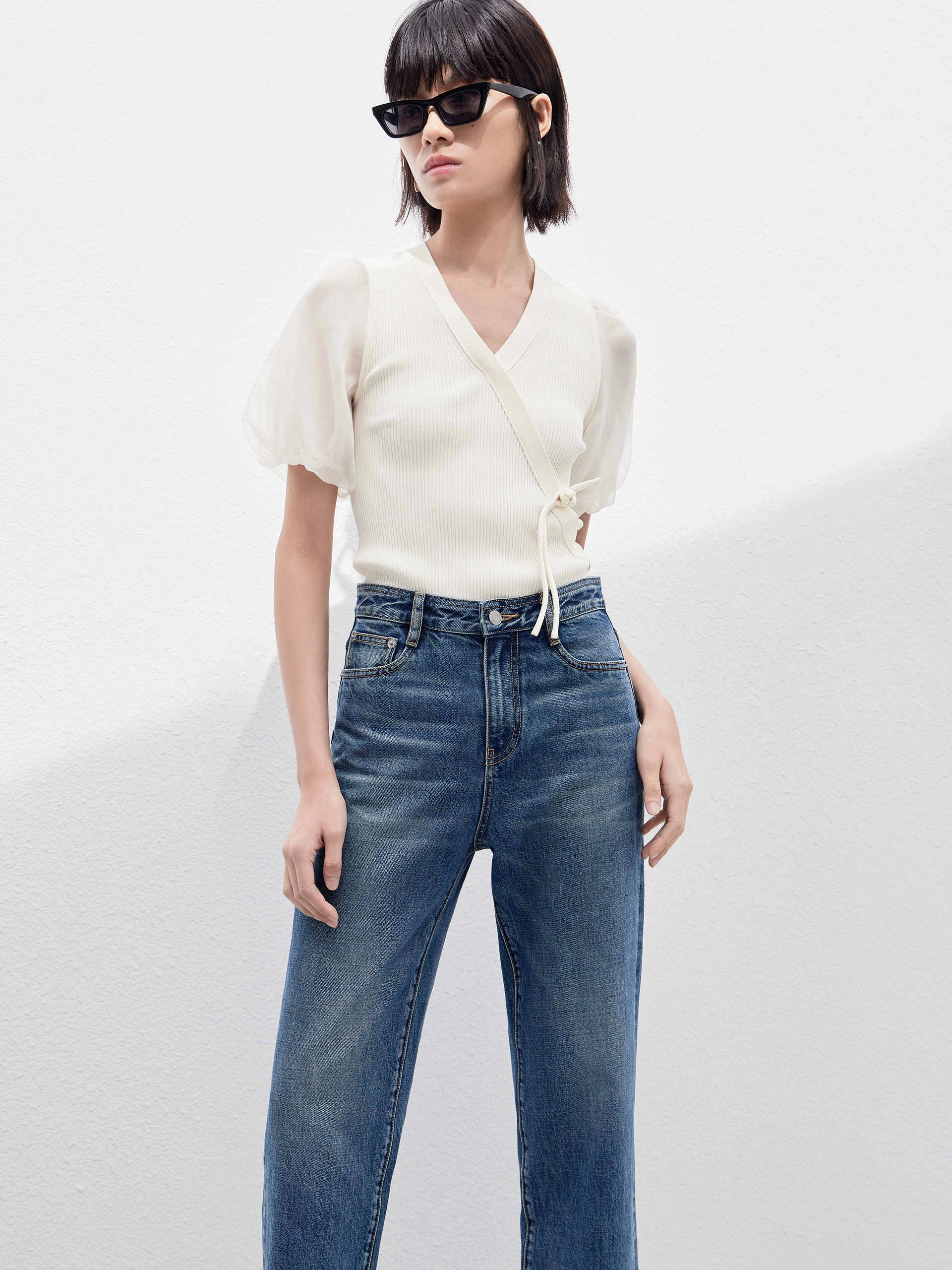 Cropped Puff Sleeves Knit Top UltraSoftInterior