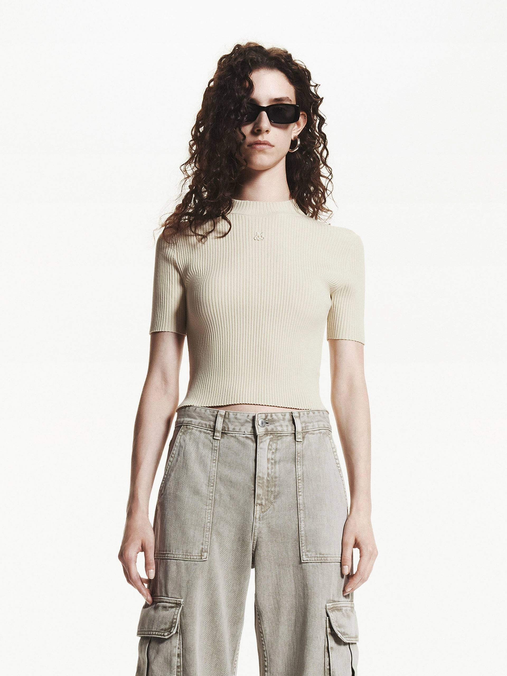 Cropped Ribbed Knit Top AntiPillingFinish