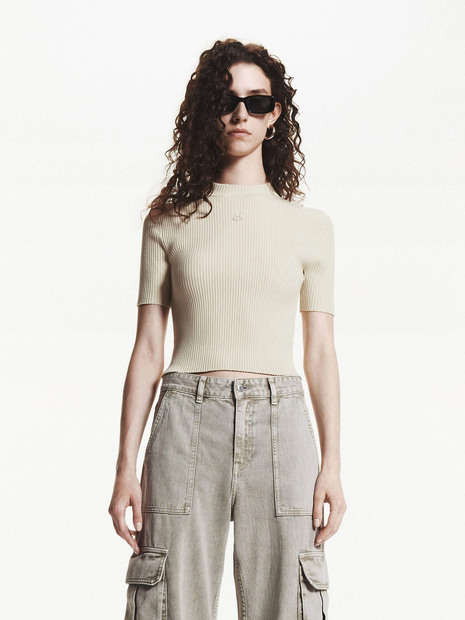 Hidden Storage Pockets Hidden Zipper Pocket Cropped Ribbed Knit Top