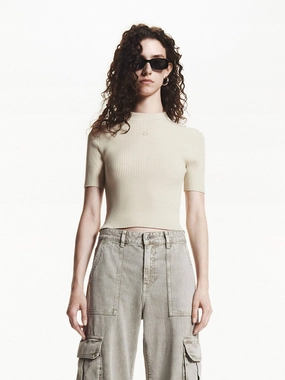 Cropped Ribbed Knit Top Convertible Sleeve Adaptation