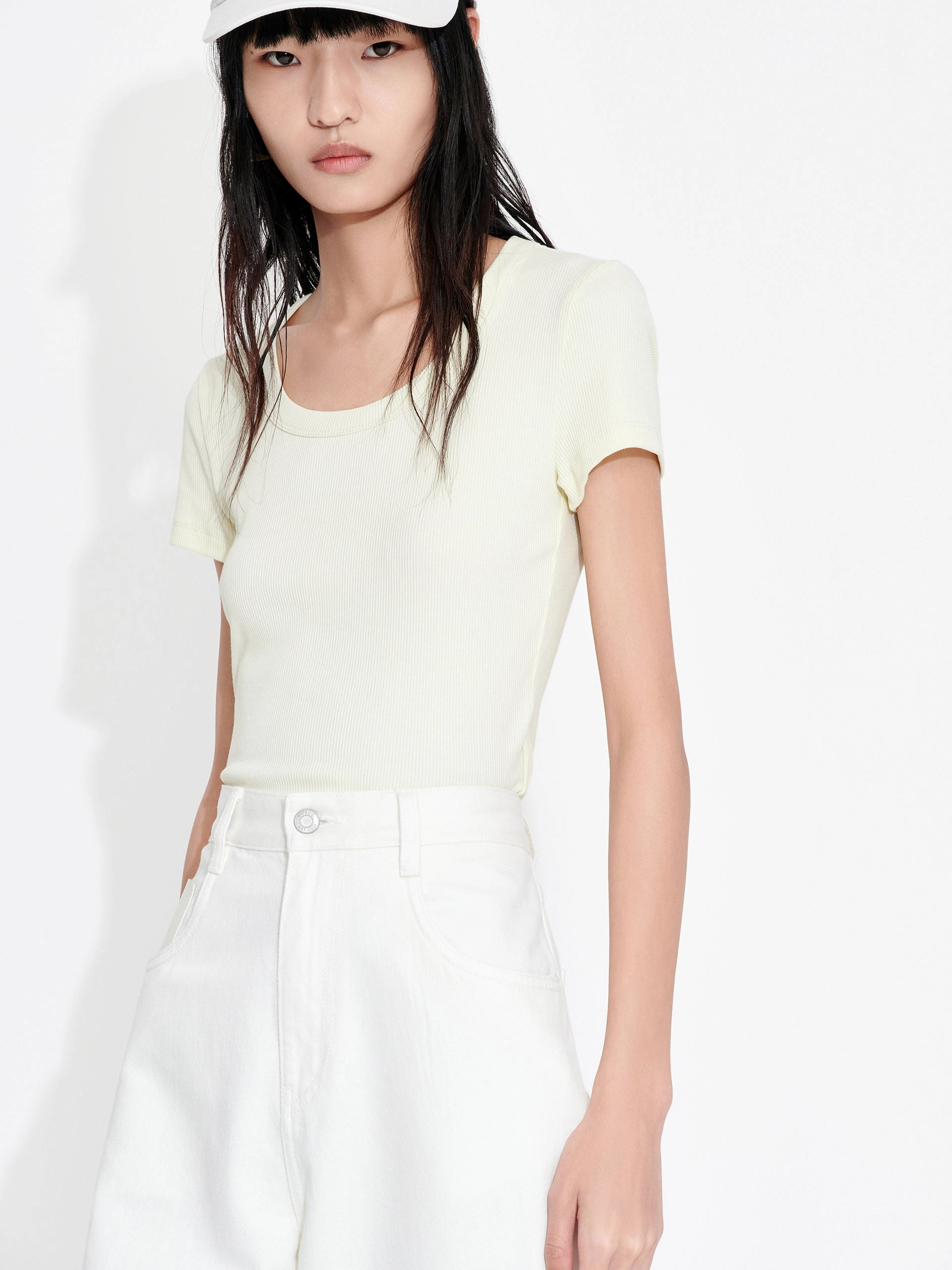 Cropped Slim Fit T-shirt Stone Wash Process Stretchable Collar Band