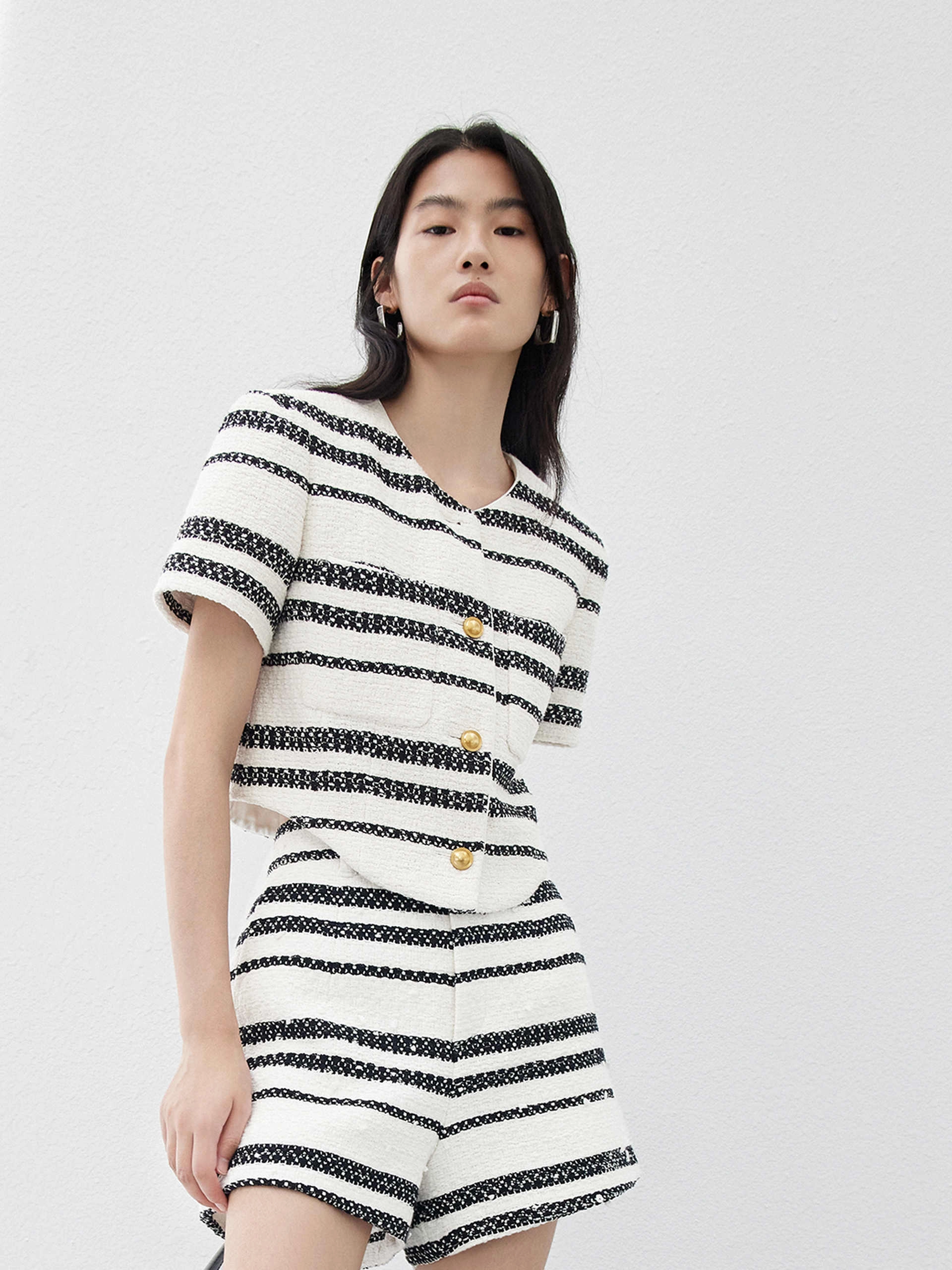Cropped Tweed Striped Jacket Quick Dry Fabric