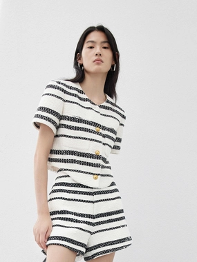 Collapsible Packable Design Cropped Tweed Striped Jacket