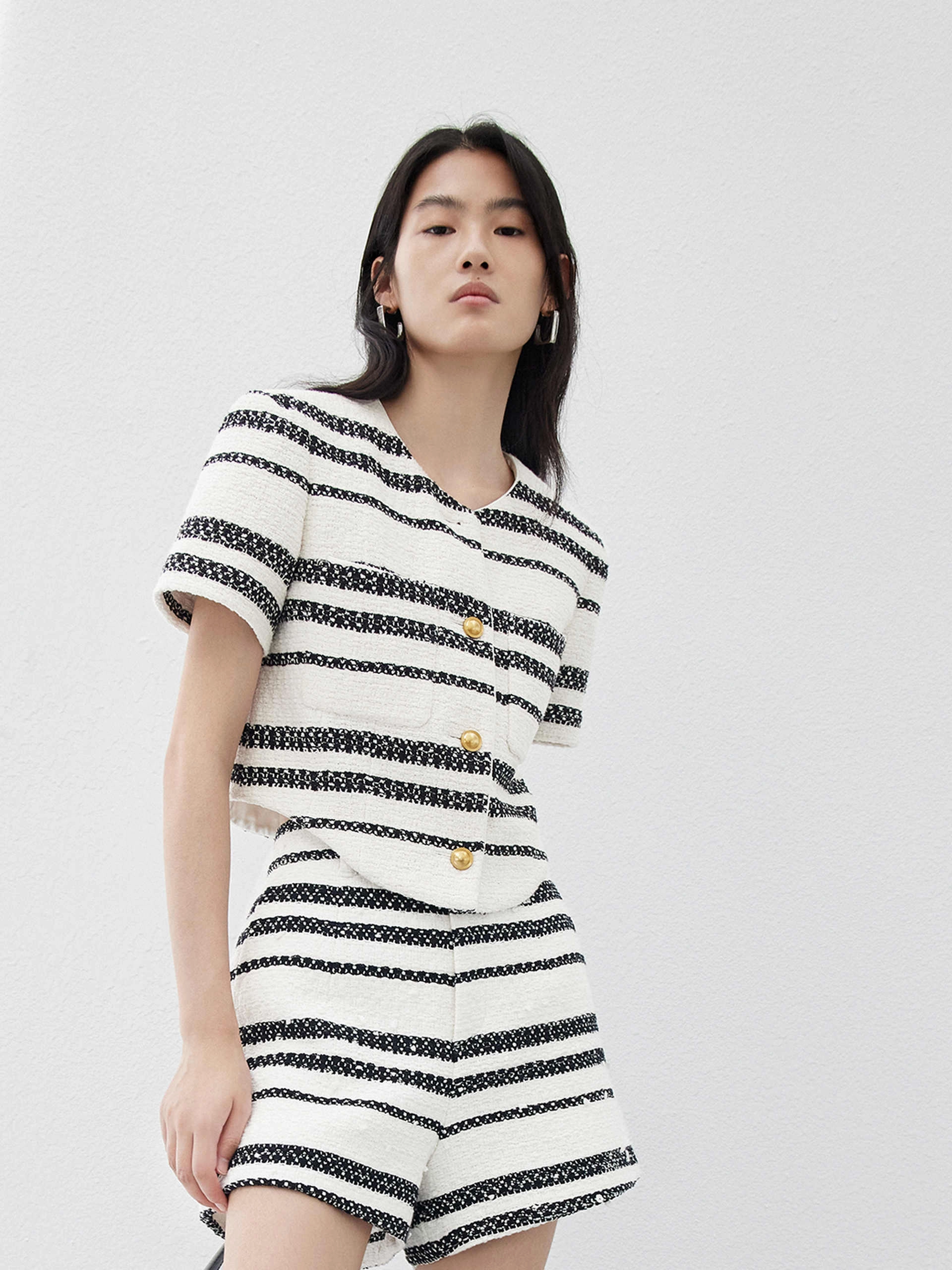 Contrast Topstitching Detail Cozy Knit Cropped Tweed Striped Jacket