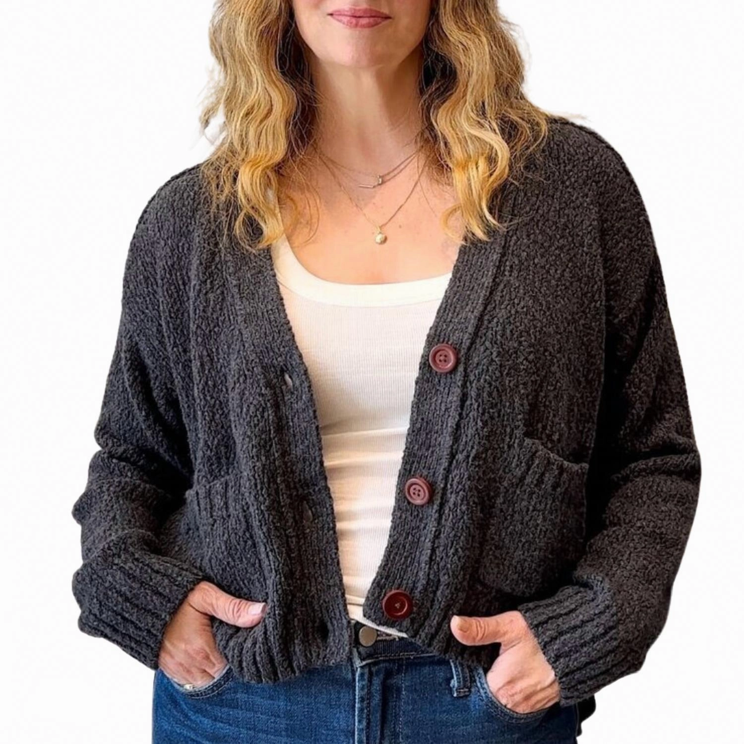 Soft Layers Comfy Fit Cropped V Neck Cardigan W/ Pockets In Charcoal