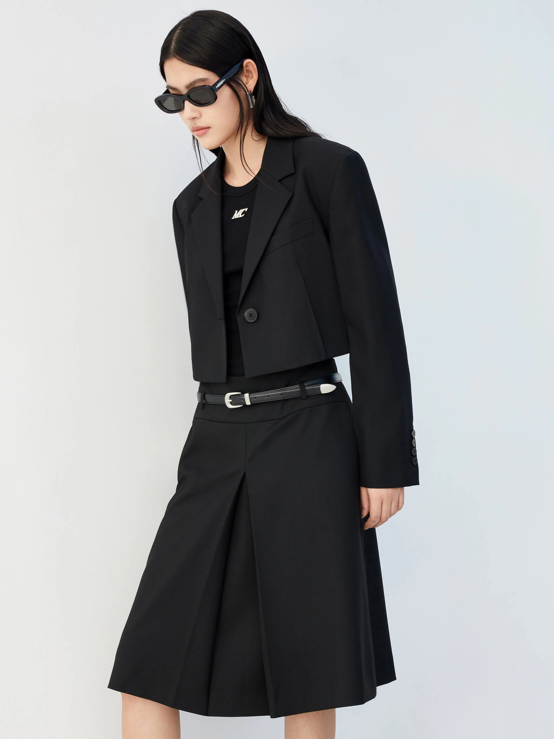 Layered Shoulder Cropped Wool Blend Blazer