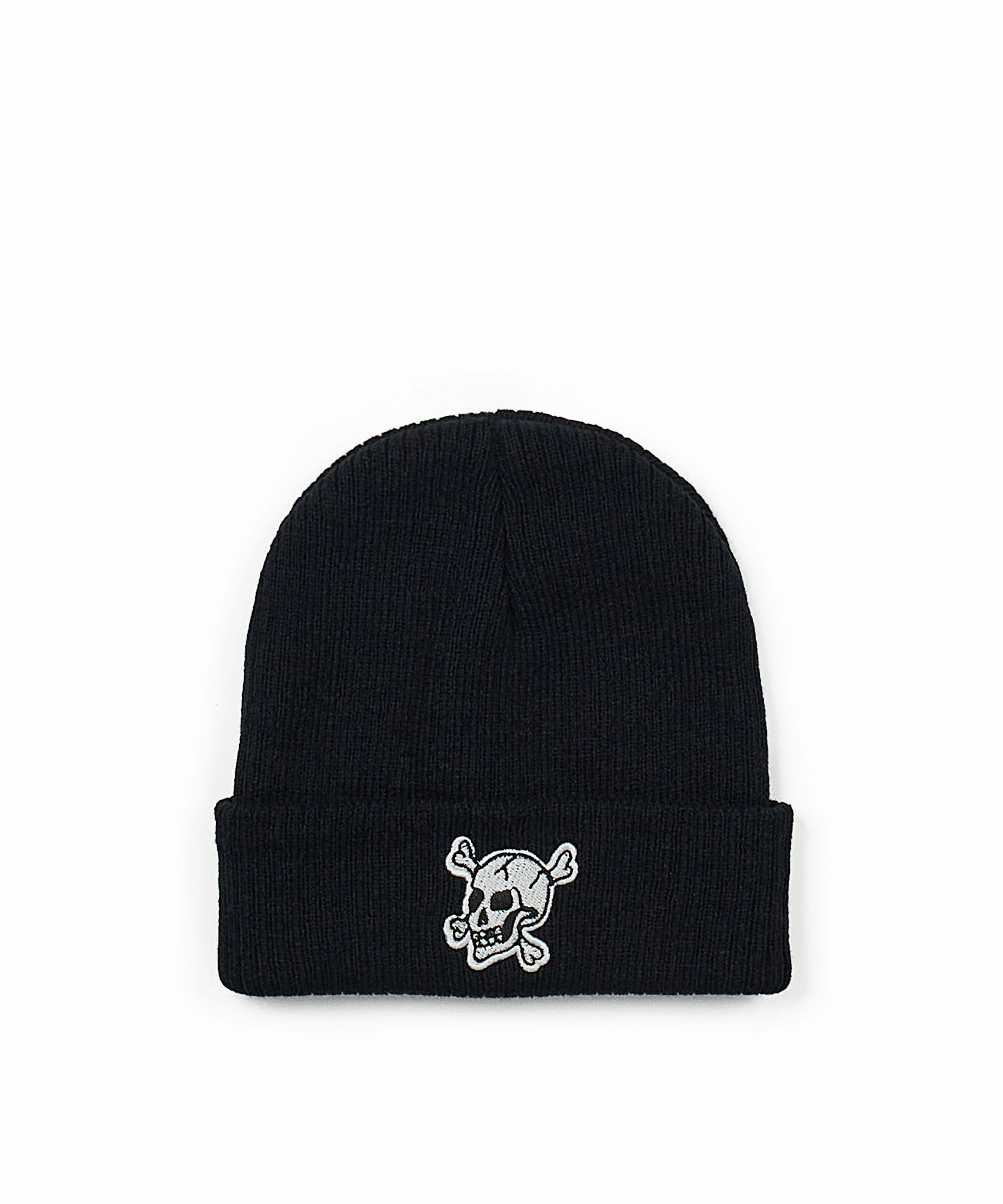 Layered Placket Design Crossbones Beanie - Black