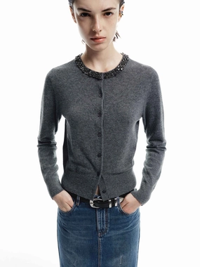 Raw Edge Detail Modern Silhouette Crystal Collar Knit Cardigan