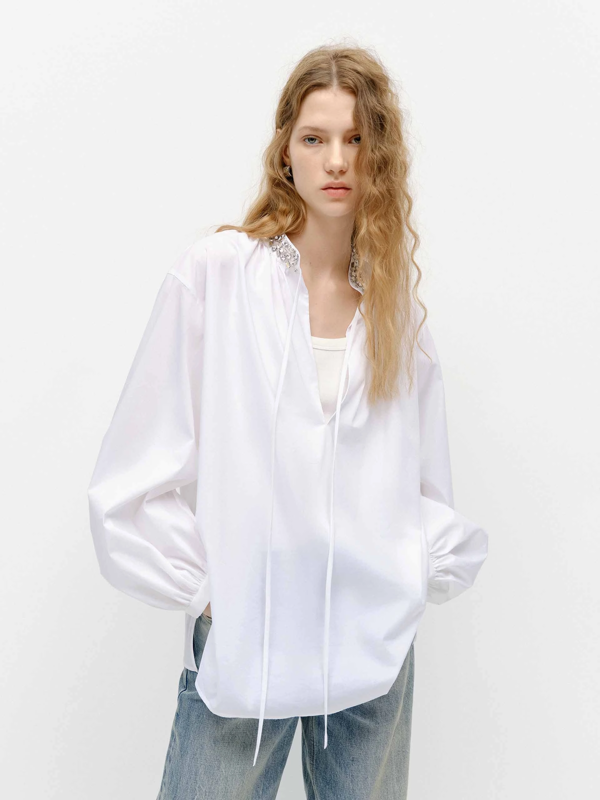 Crystal Collar Tie Blouse Bamboo Fiber Fabric AllPurpose Design
