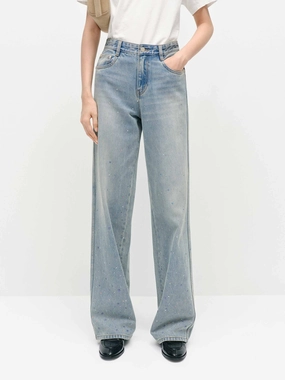 All-Purpose Use Multi Pocket Design Crystal Detail Cotton Jeans