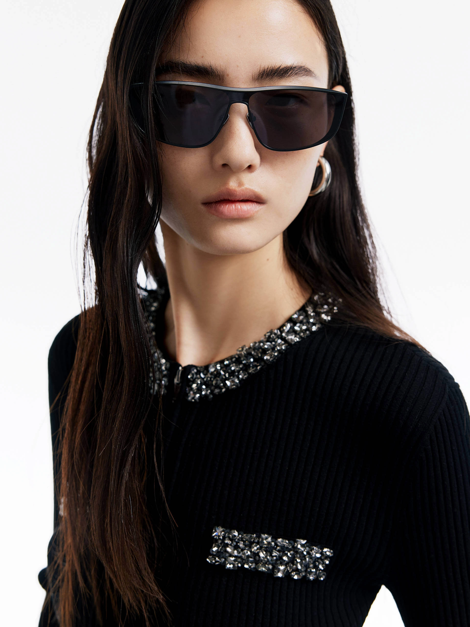 Crystal Detail Zipper Cardigan FadeResistant Coating FlexibleCollar