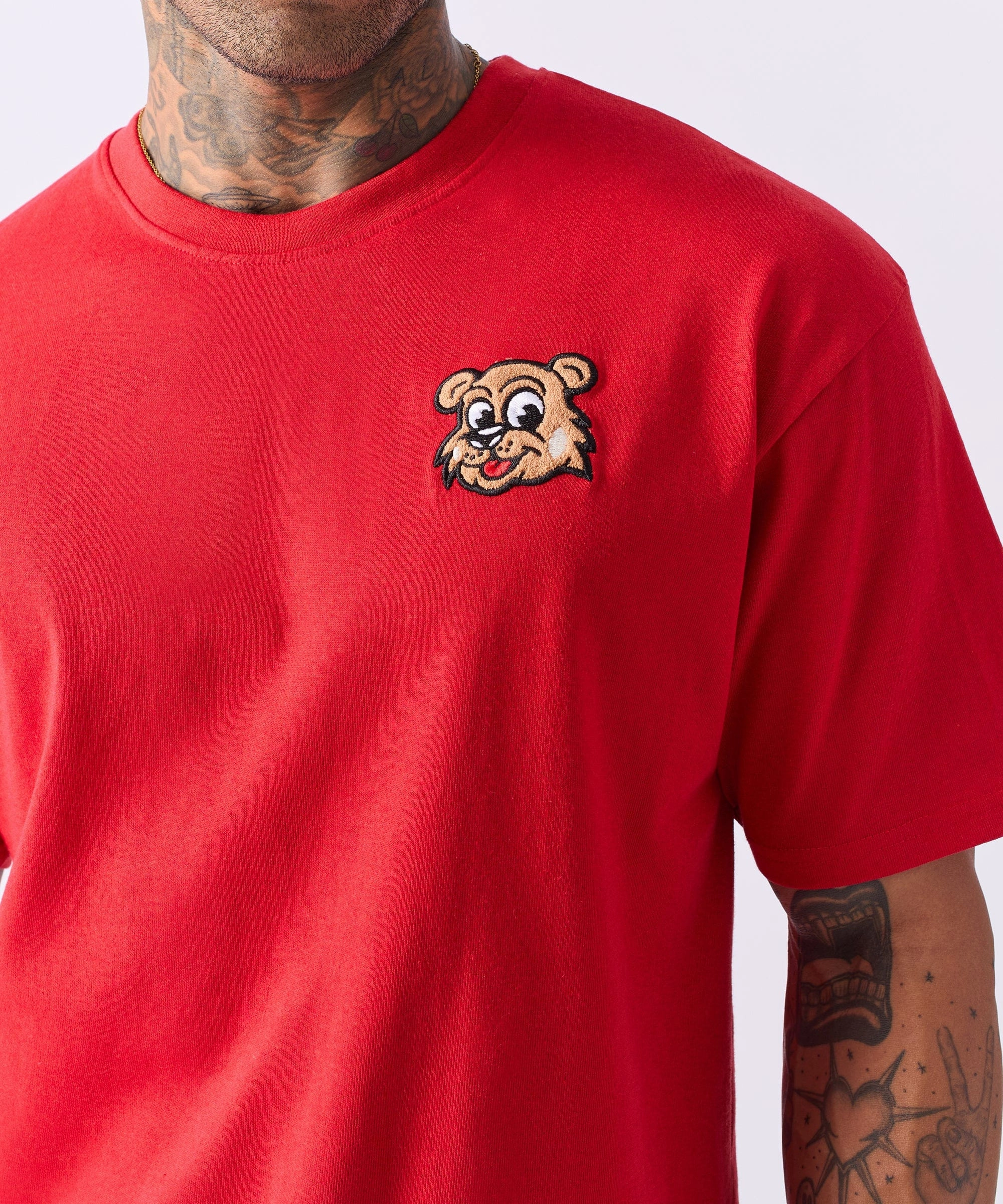 Cub Chenille Patch Short Sleeve Tee - Red Tencel Blend Fabric Modern Design