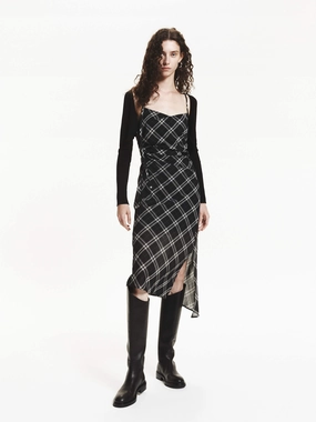 Plaid Pattern Cami Dress Trendy wrap gown ruffle trim