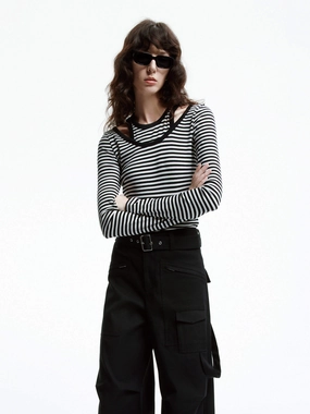 Cut shoulder Striped T-shirt Street Outfit UV Protection Fabric
