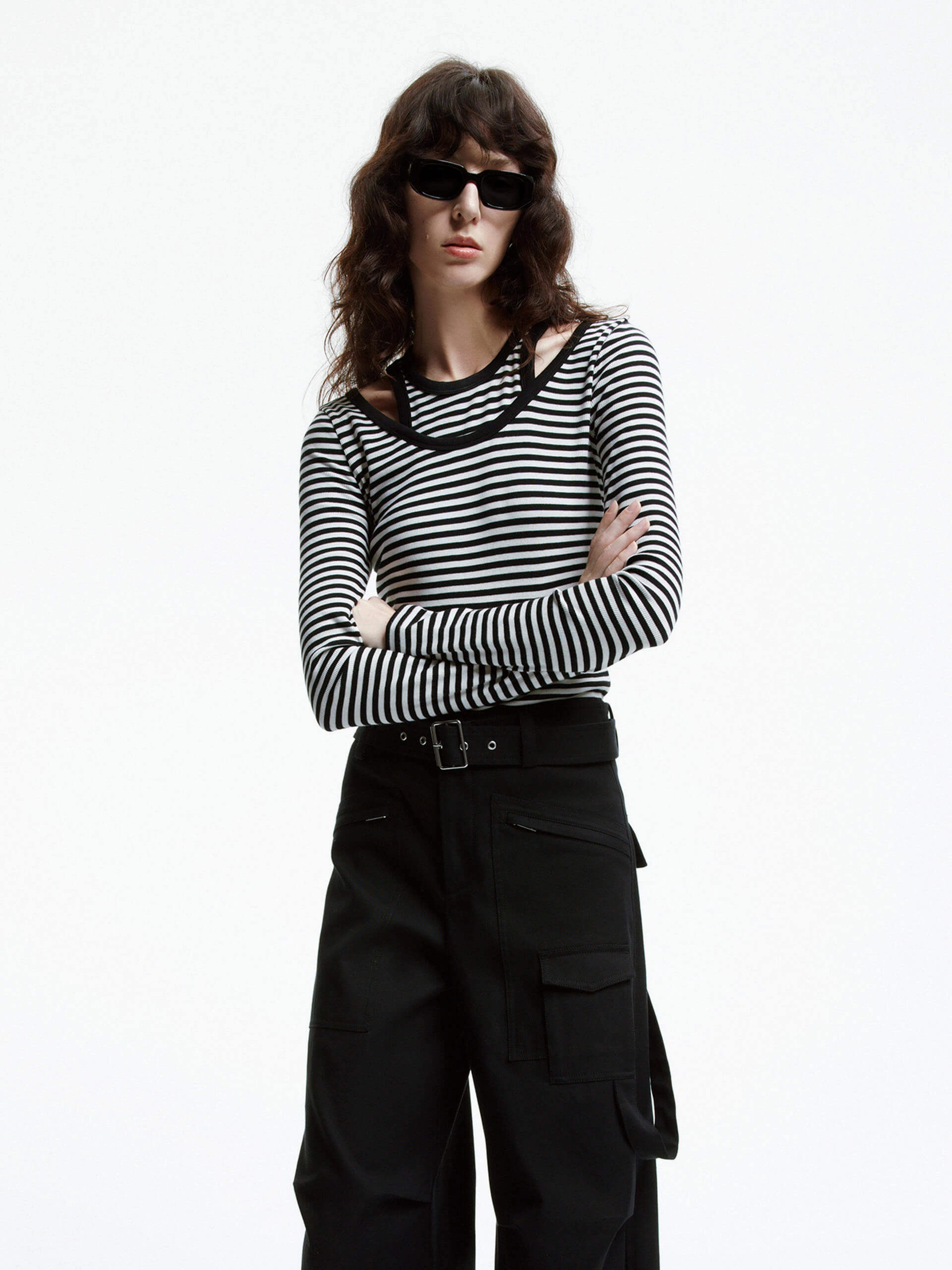 Cut shoulder Striped T-shirt Street Outfit UV Protection Fabric