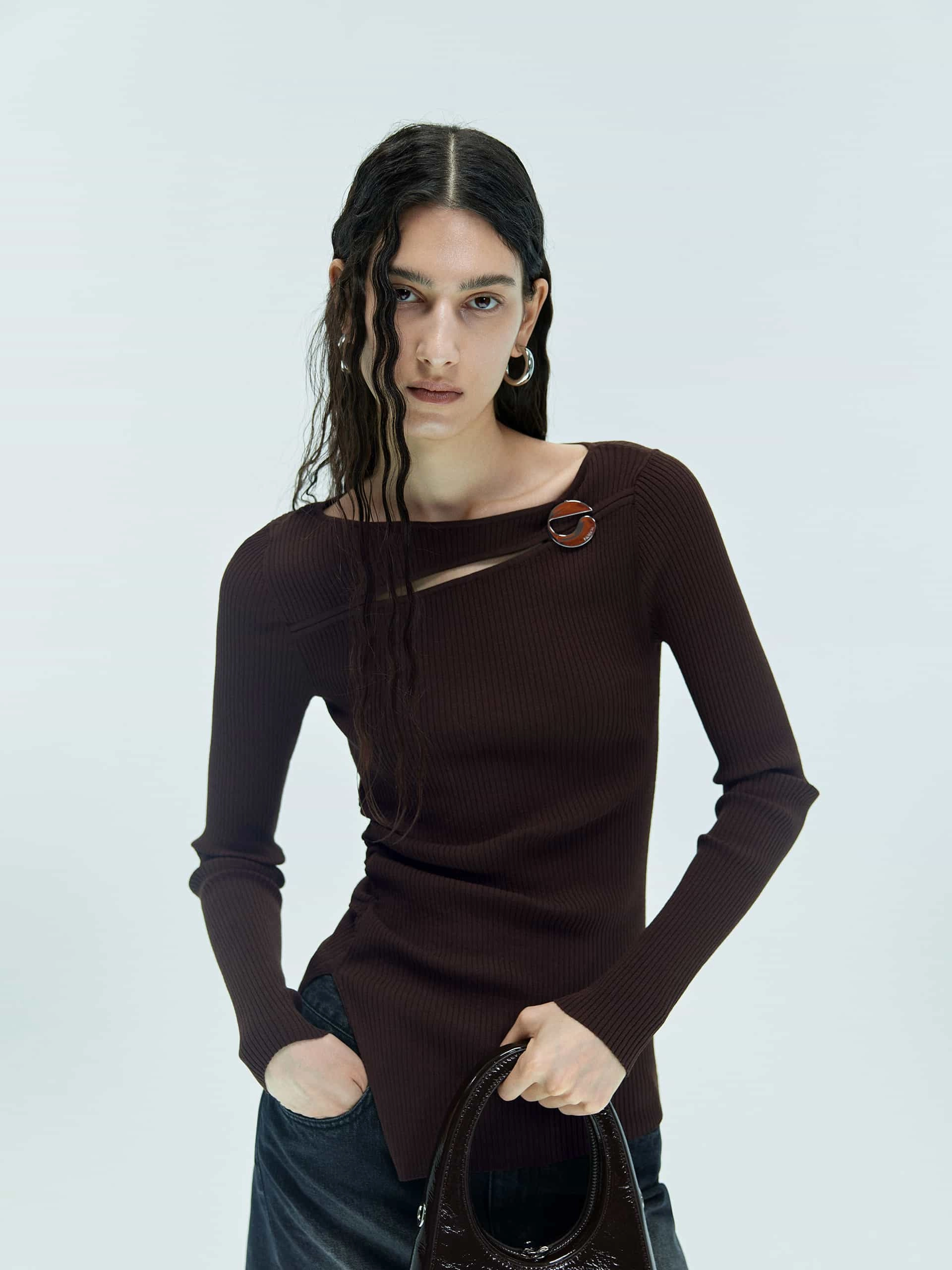 Cutout Ribbed Knit Sweater LayeredNeckline ElasticEdgeBinding