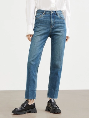 Frayed Straight Cotton Jeans Work Meeting Beach Day