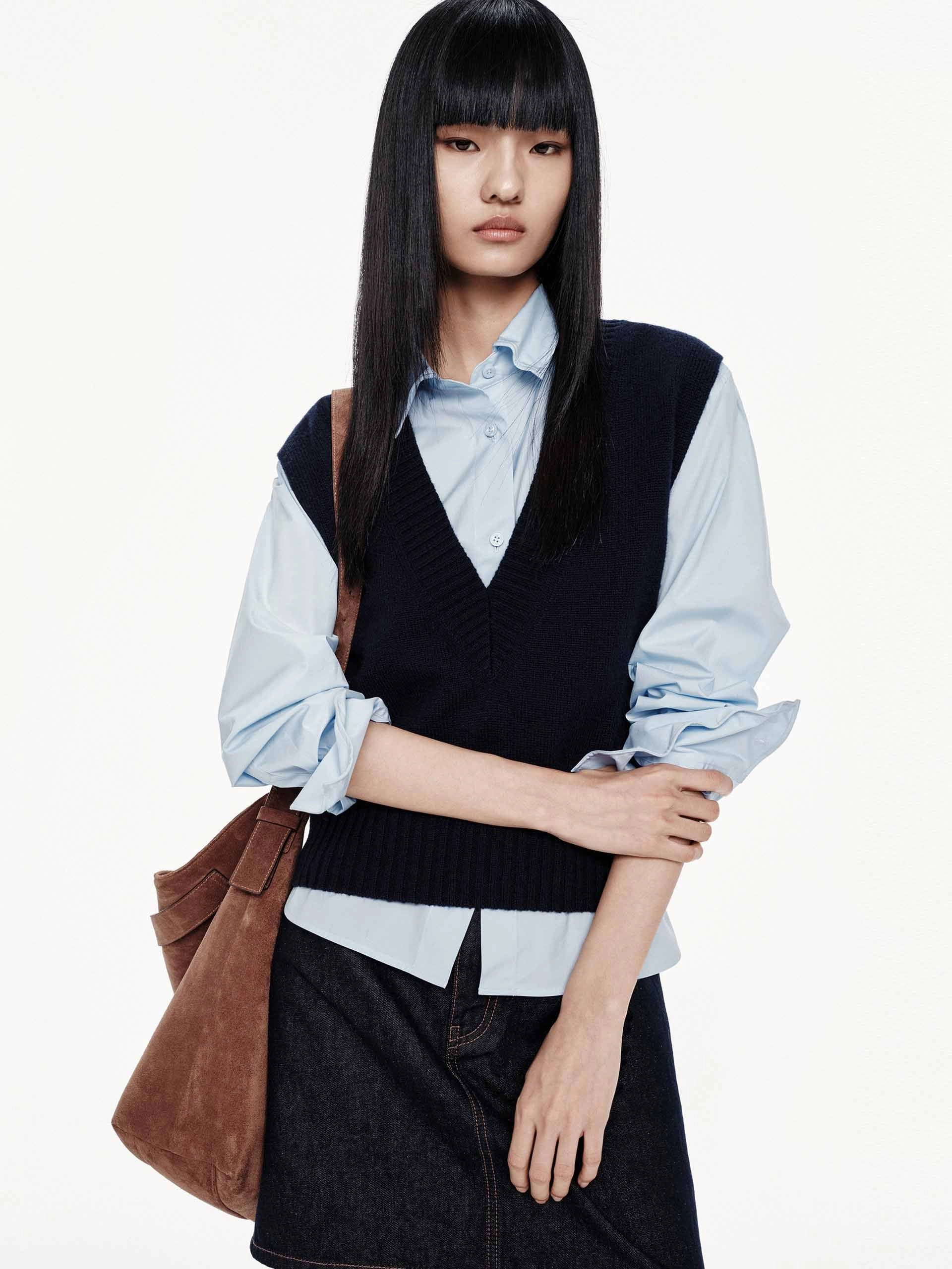 Deep V-neck Knit Vest Sustainable Manufacturing AdjustableClosure