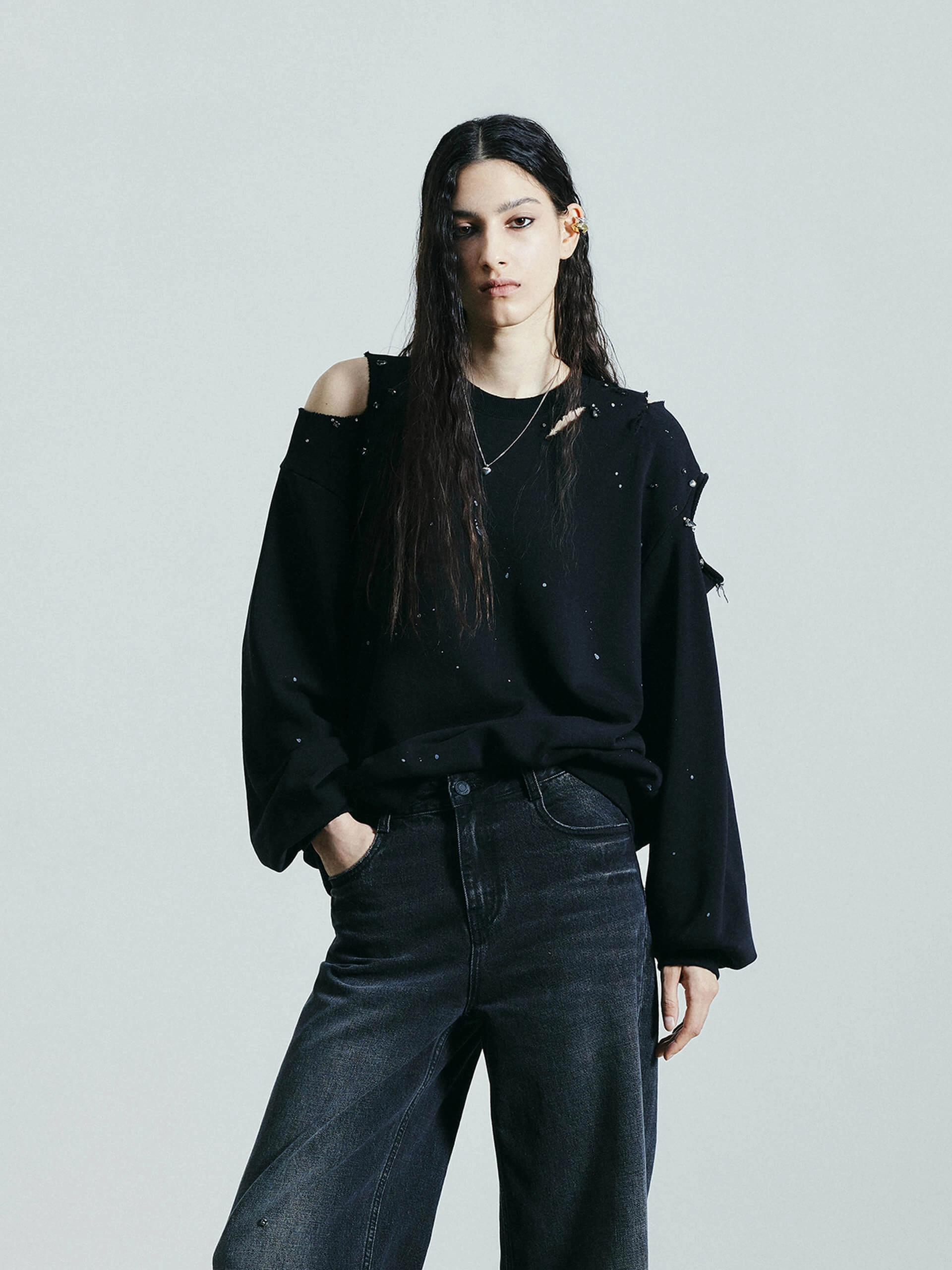 Tencel Cotton Hybrid Weave Destroyed Detail Loose Sweatshirts