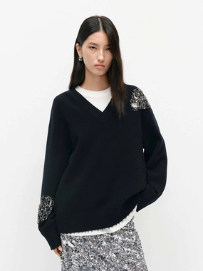 Soft Cotton Yarn Dyed Stripes Crystal Detail Wool Sweater