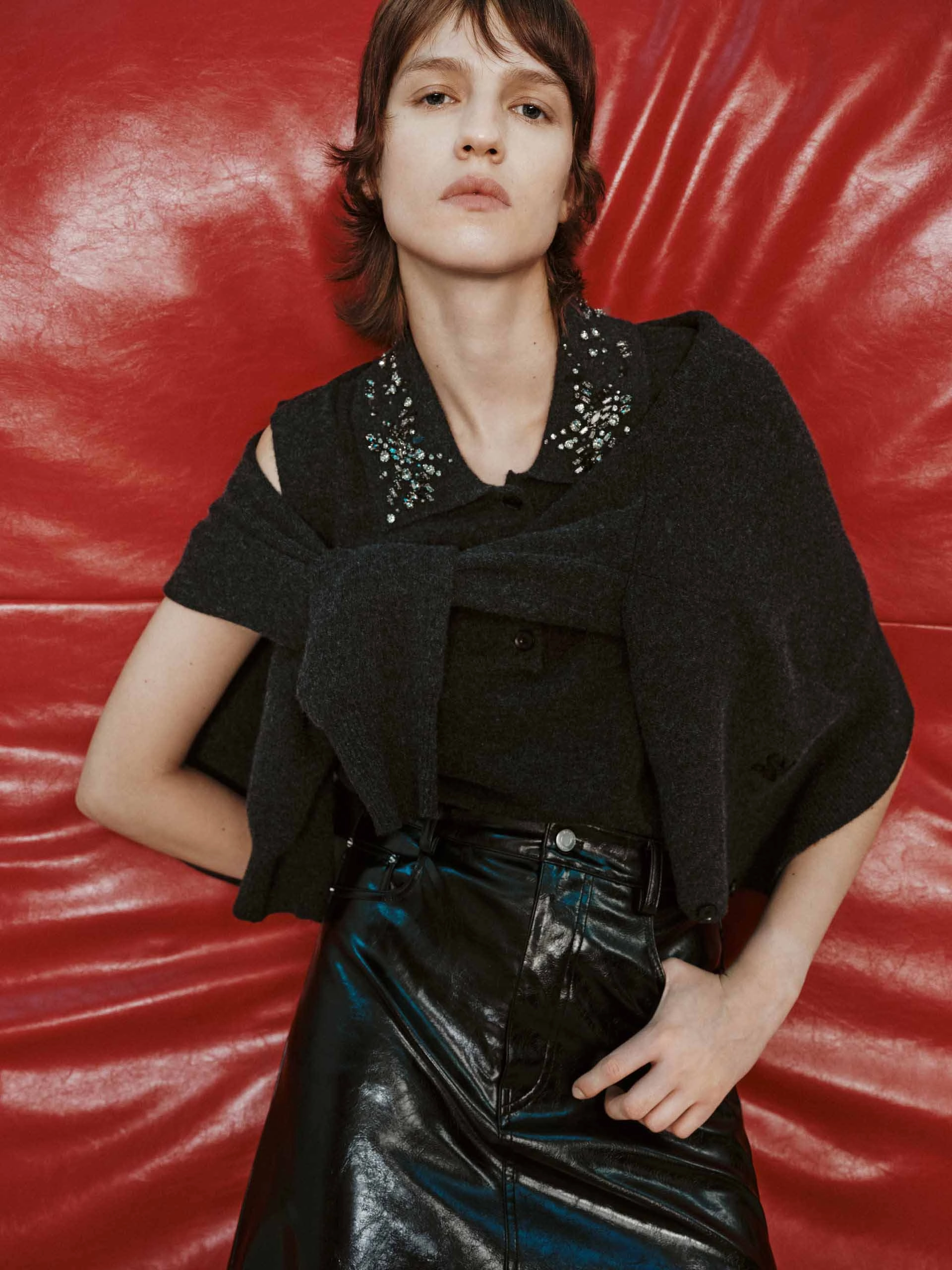 DoubleLayeredCollar Round Neck Cardigan Set