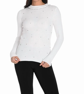 Diamante Embellished Knit Top In White Chilly Day Knitwear Ribbed Hem