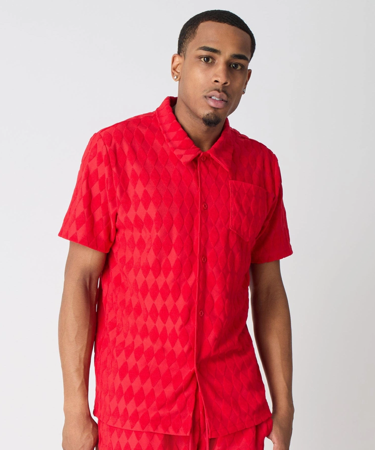 AllDay Comfort Design Diamond Plate Towel Color Blocked Short Sleeve Button Down Shirt - Red