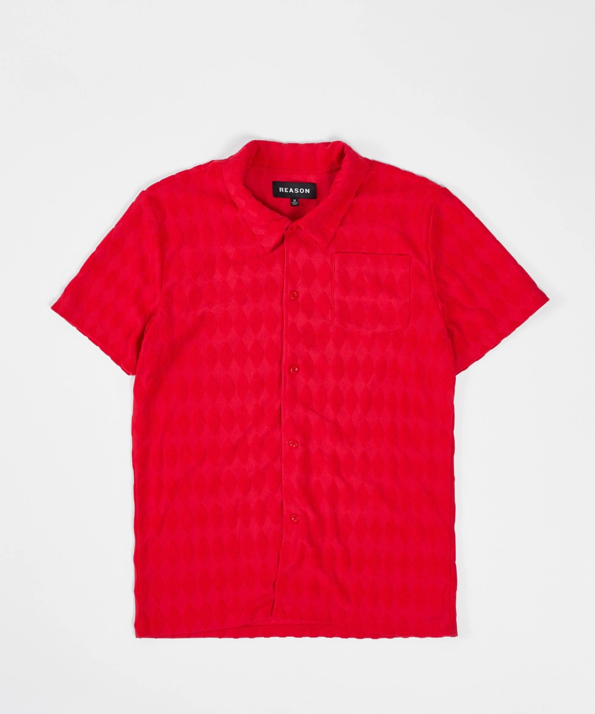 Diamond Plate Towel Color Blocked Short Sleeve Button Down Shirt - Red Warm Fabric