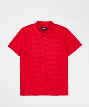 Diamond Plate Towel Color Blocked Short Sleeve Button Down Shirt - Red Warm Fabric