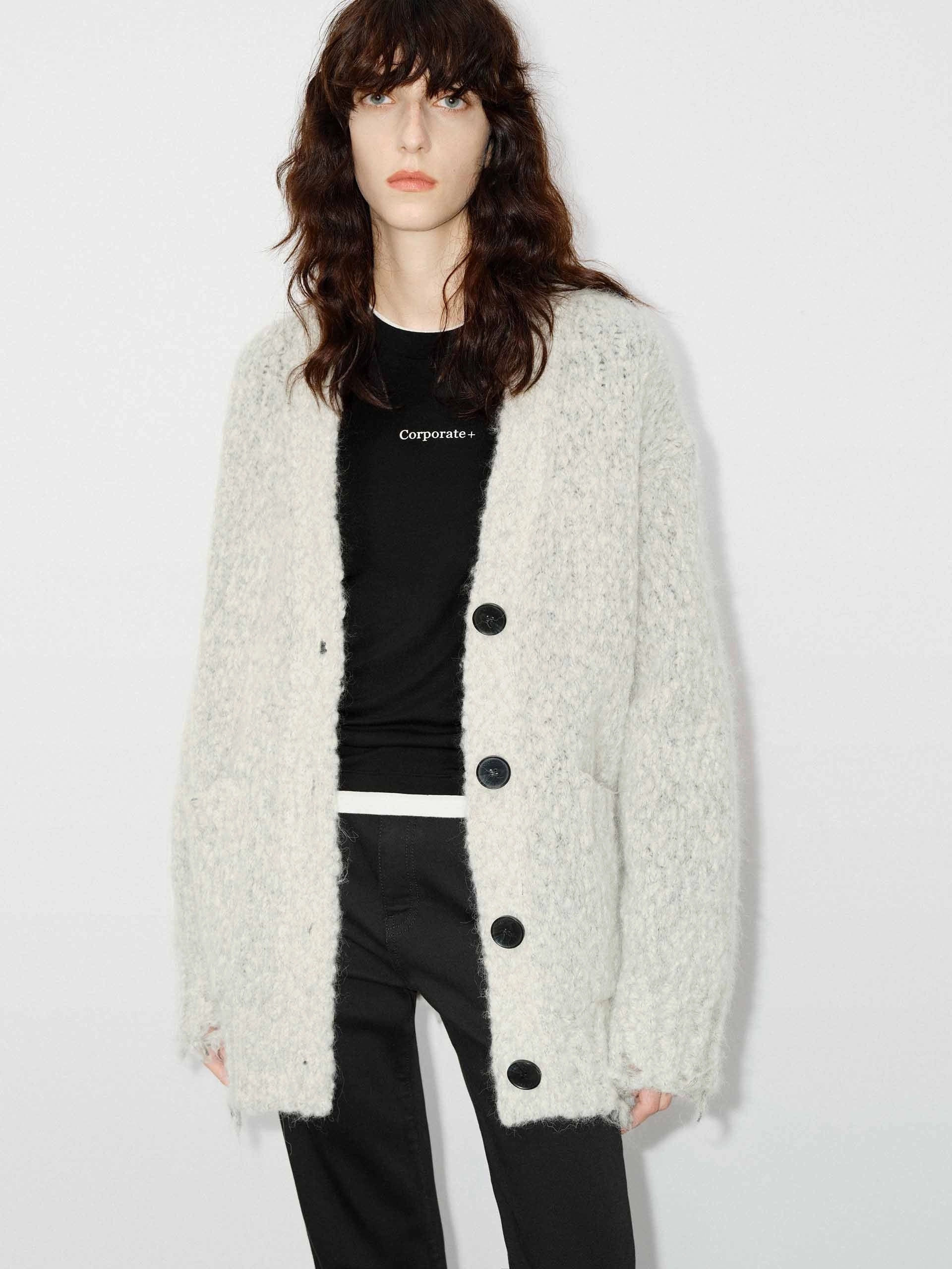 Distressed Detail Fluffy Cardigan ConvertibleSleeves