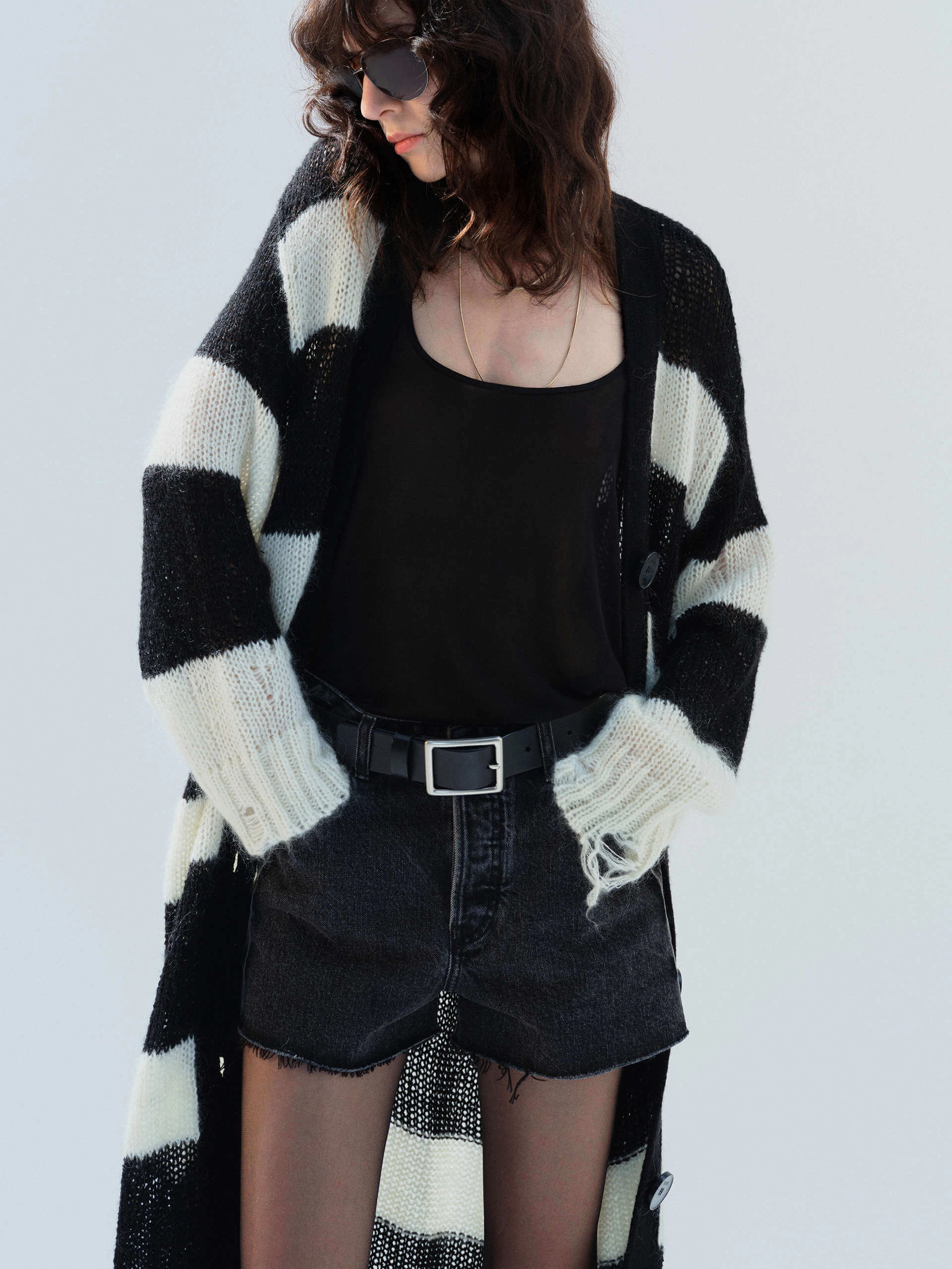 Double Stitched Hems SublimatedPrint Distressed Detail Striped Cardigan