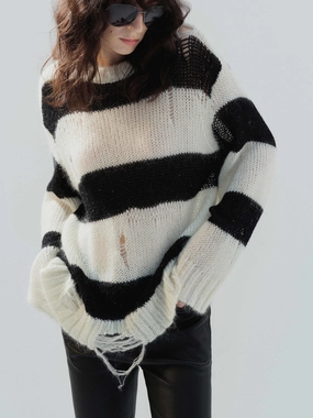Quick Dry Fabric WrinkleResistantFinish Distressed Detail Striped Sweater