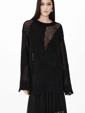 Bonded Seam Technique Distressed Sheer Knit Sweater