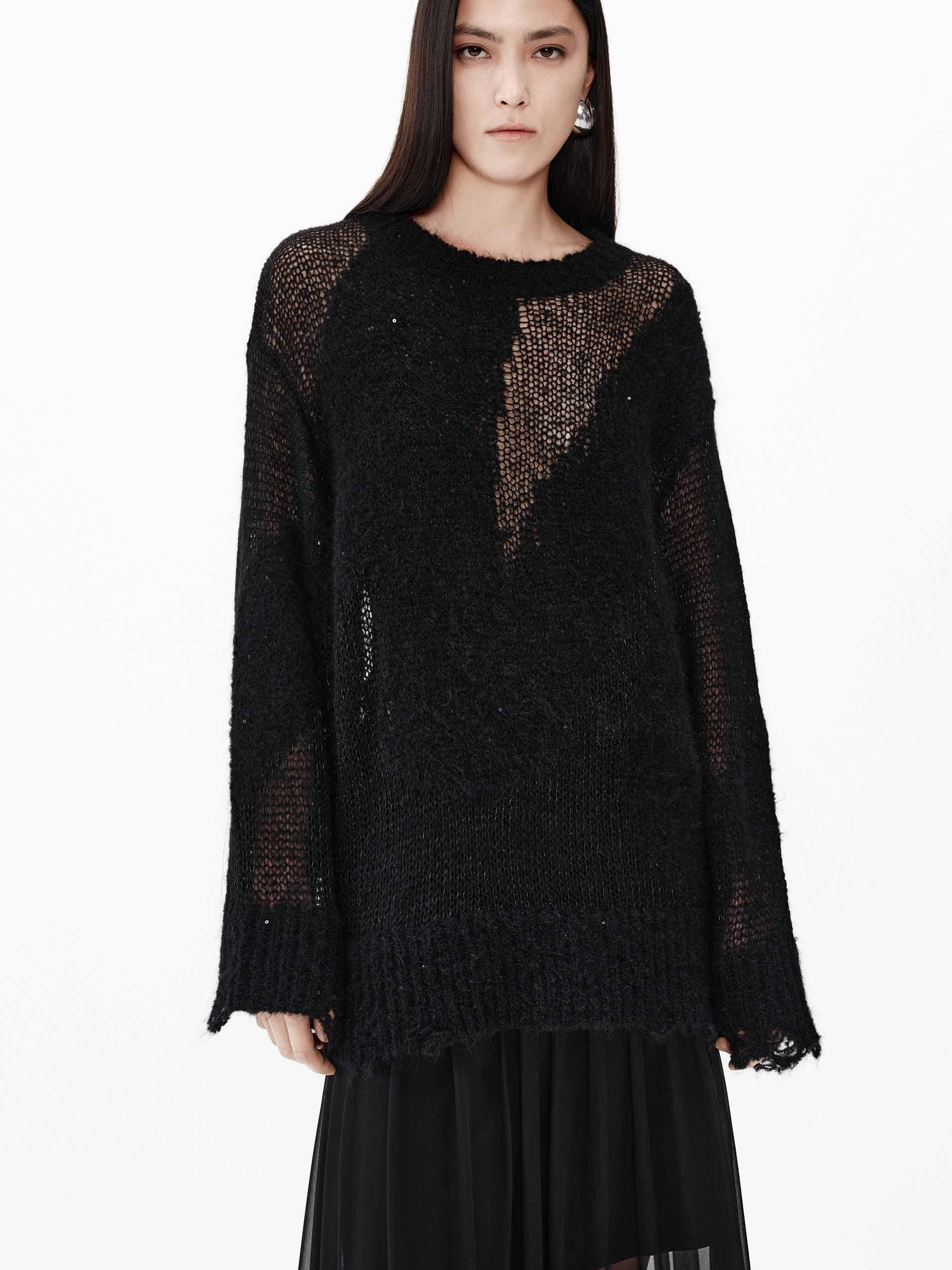 Distressed Sheer Knit Sweater Oversized Silhouette Layered Sleeve