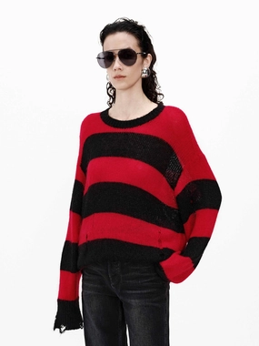 Distressed Stripe Knit Sweater WrinkleResistantFinish BreathableMeshInsert