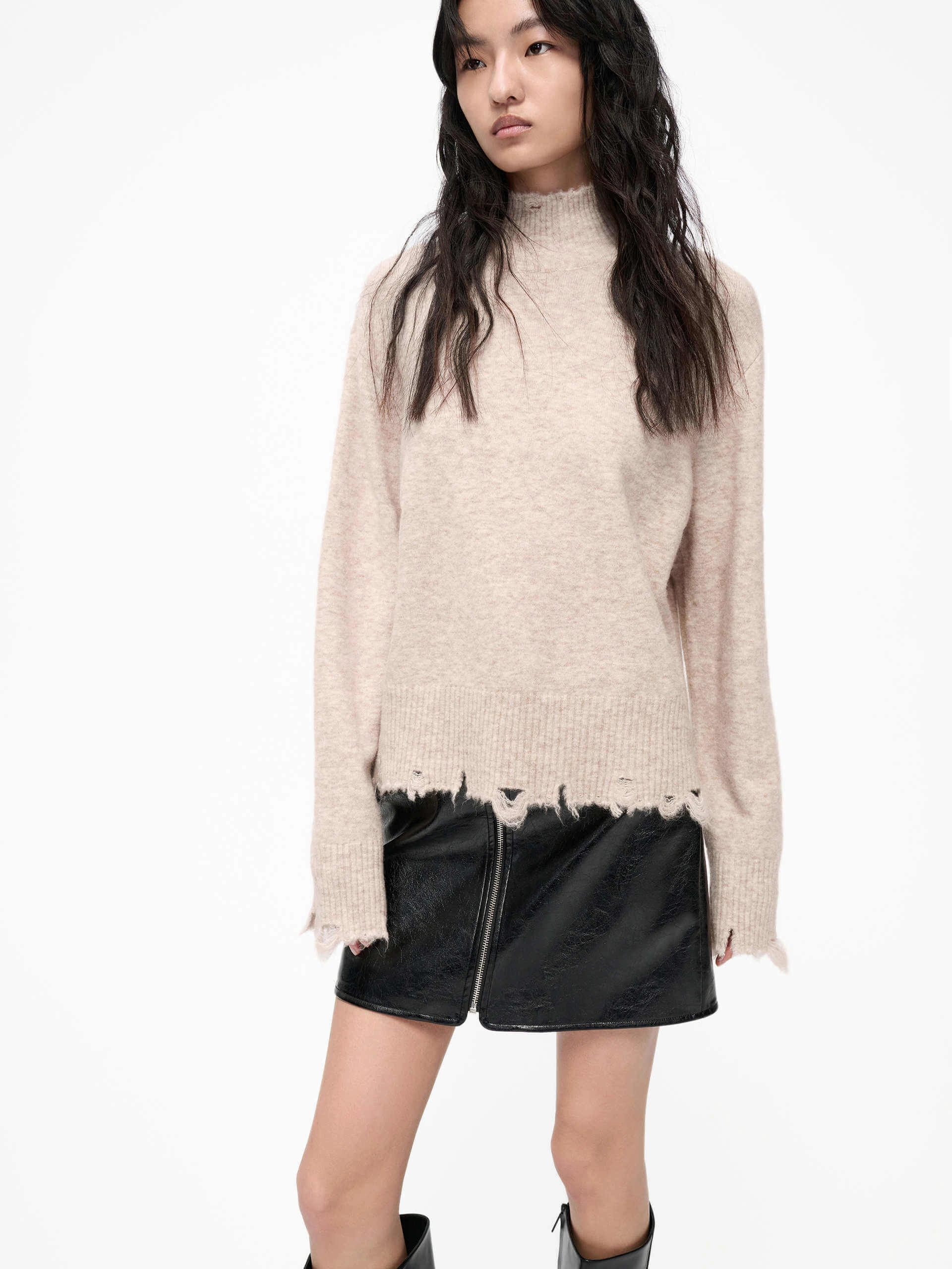 Distressed Turtleneck Sweater OEKOTEX Certified Fabric Layered Sleeve