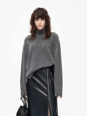 Distressed Turtleneck Sweater Tencel Cotton Hybrid Weave Adjustable Collar System