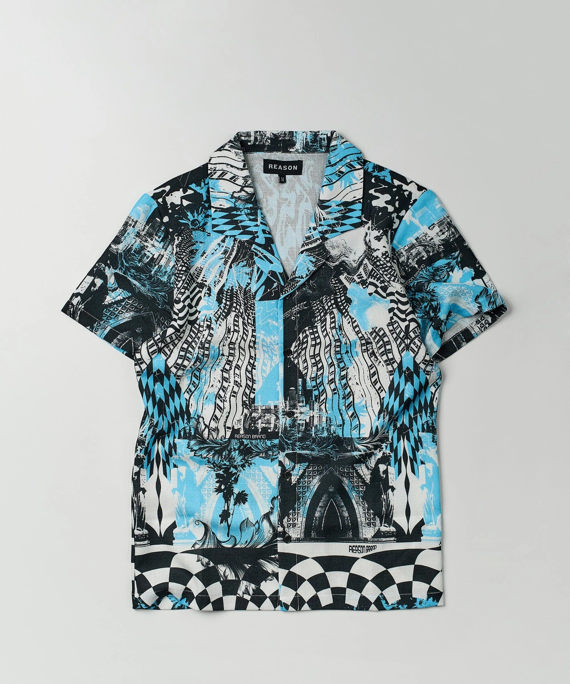 Layered Collar District Linen Texture Short Sleeve Button Down Shirt - Blue