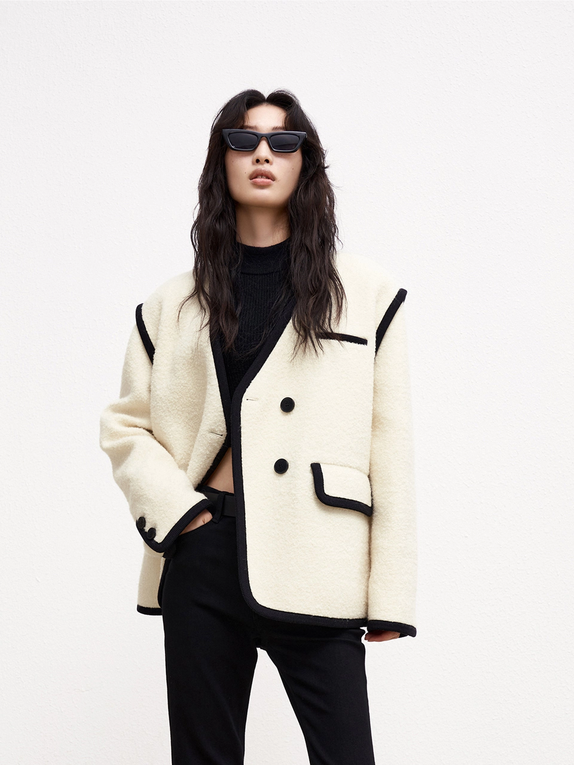 Recycled Polyester Fabric NonPill Surface Treatment Double Breasted Contrast Midi Coat