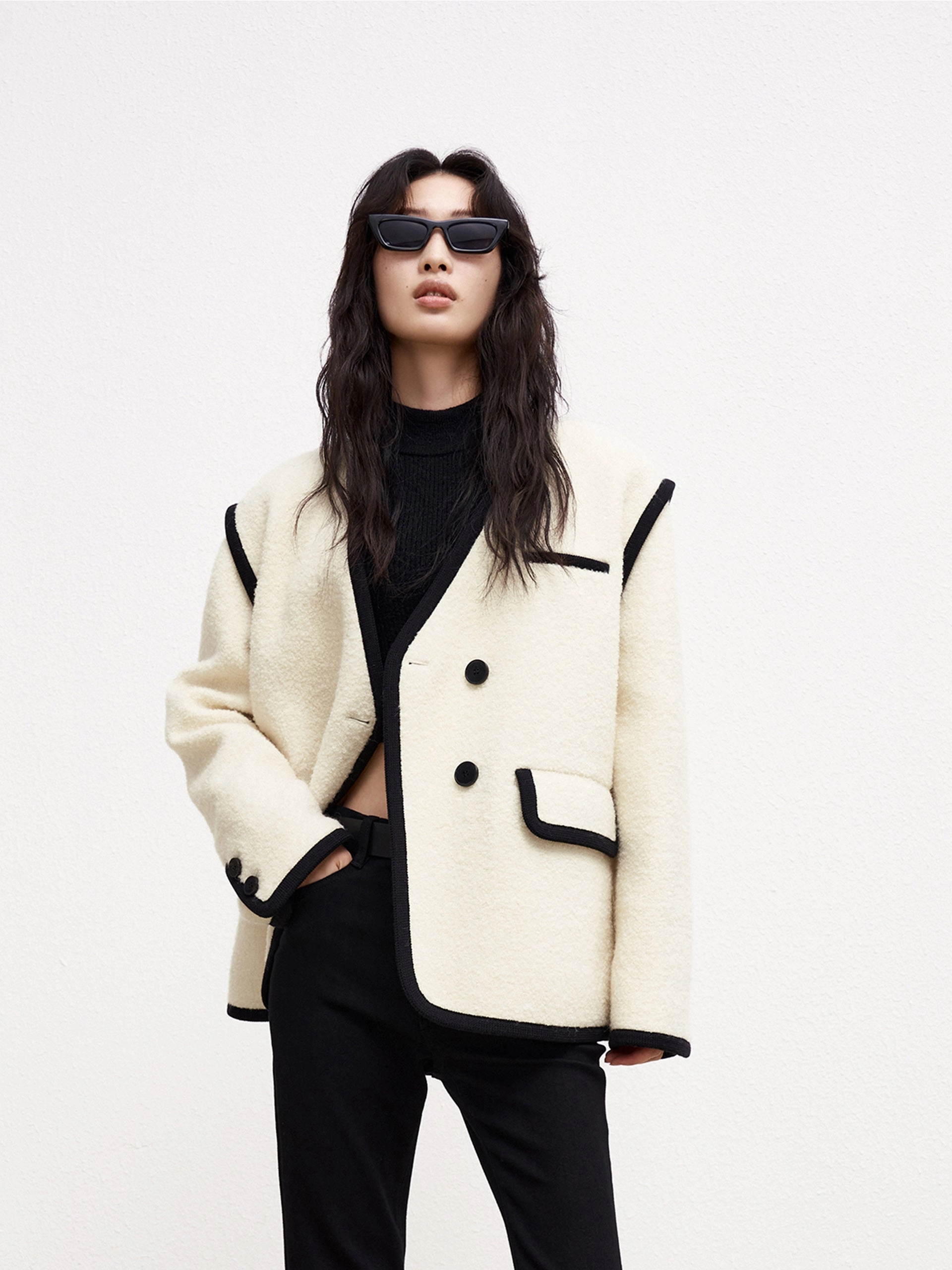 Double Breasted Contrast Midi Coat Comfortable Cut Petal Sleeve Architecture