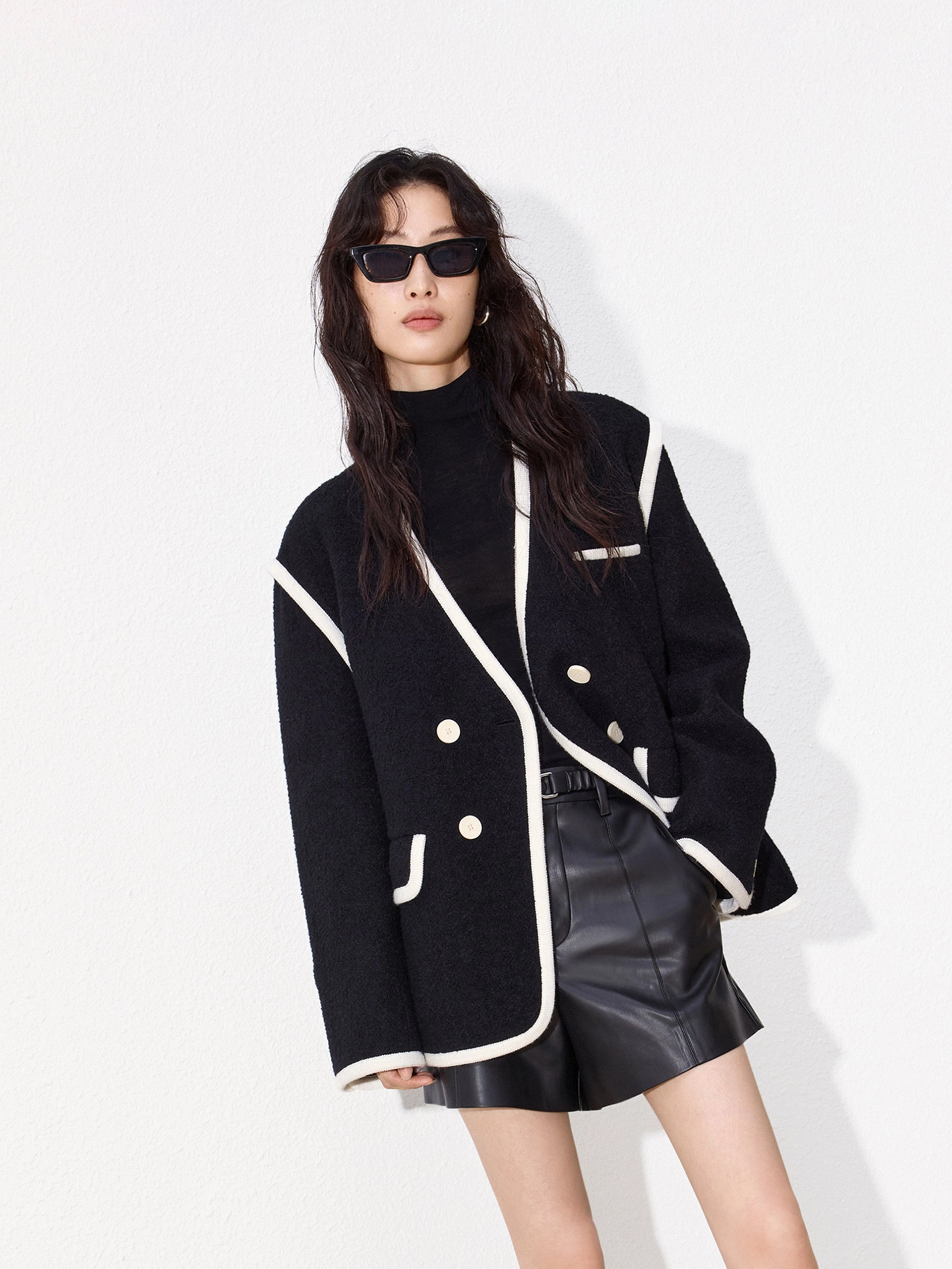 Ribbed Trim Details Stylish Hoodie Double Breasted Contrast Midi Coat