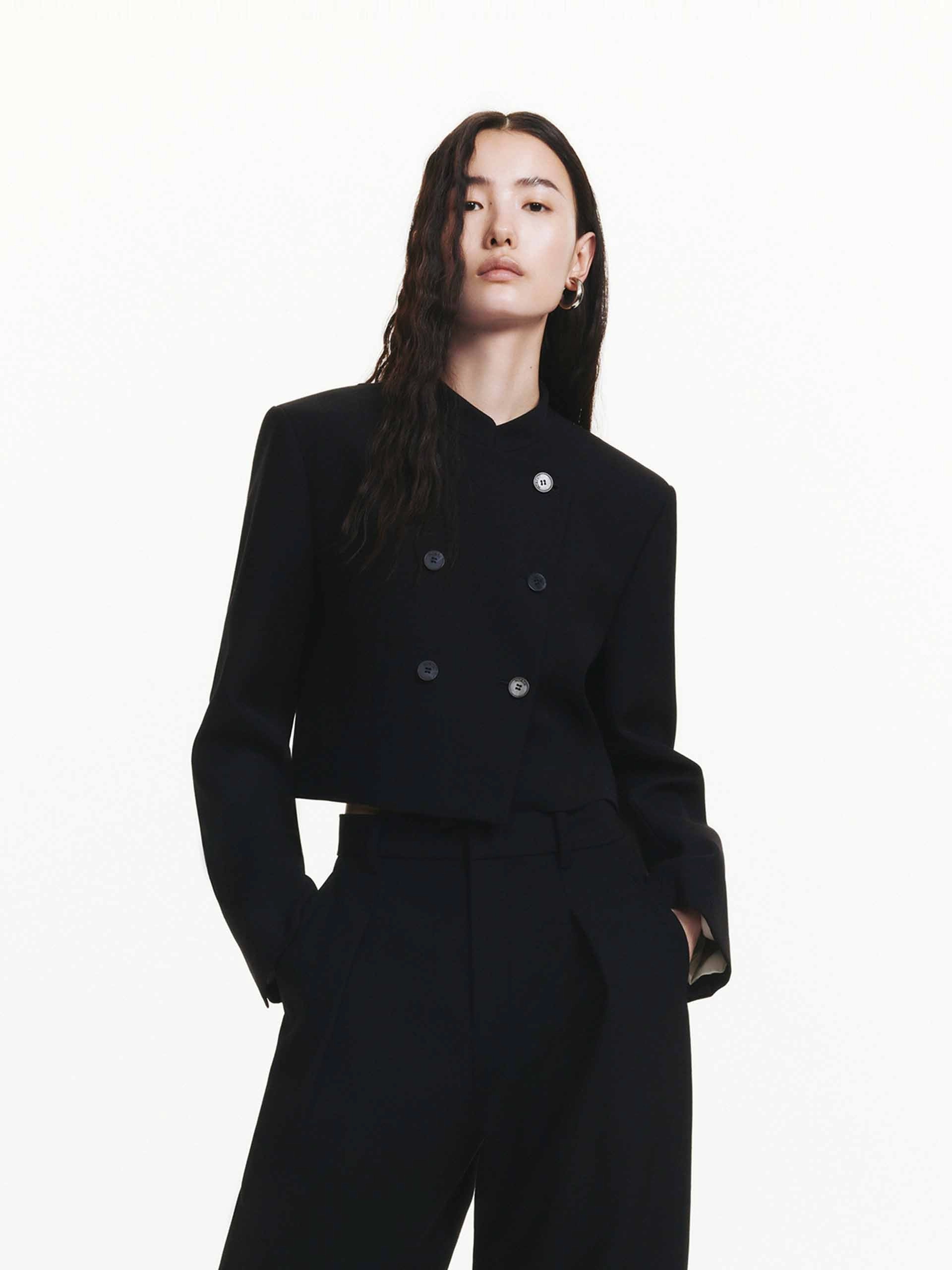 Tagless Neckline Design Reinforced Elbows Double Breasted Crop Jacket