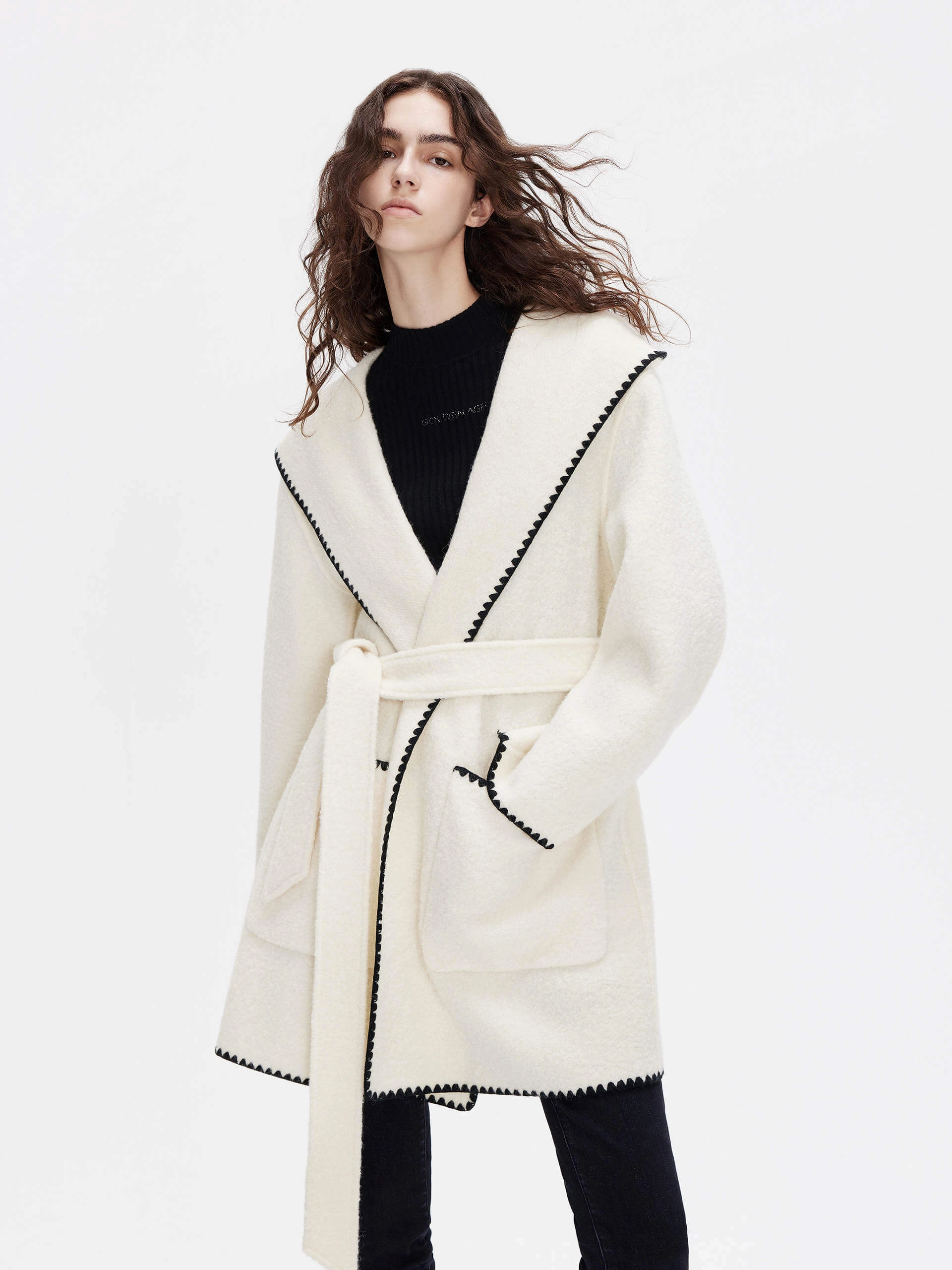 Include Belted Wool Coat Stretch Woven Material