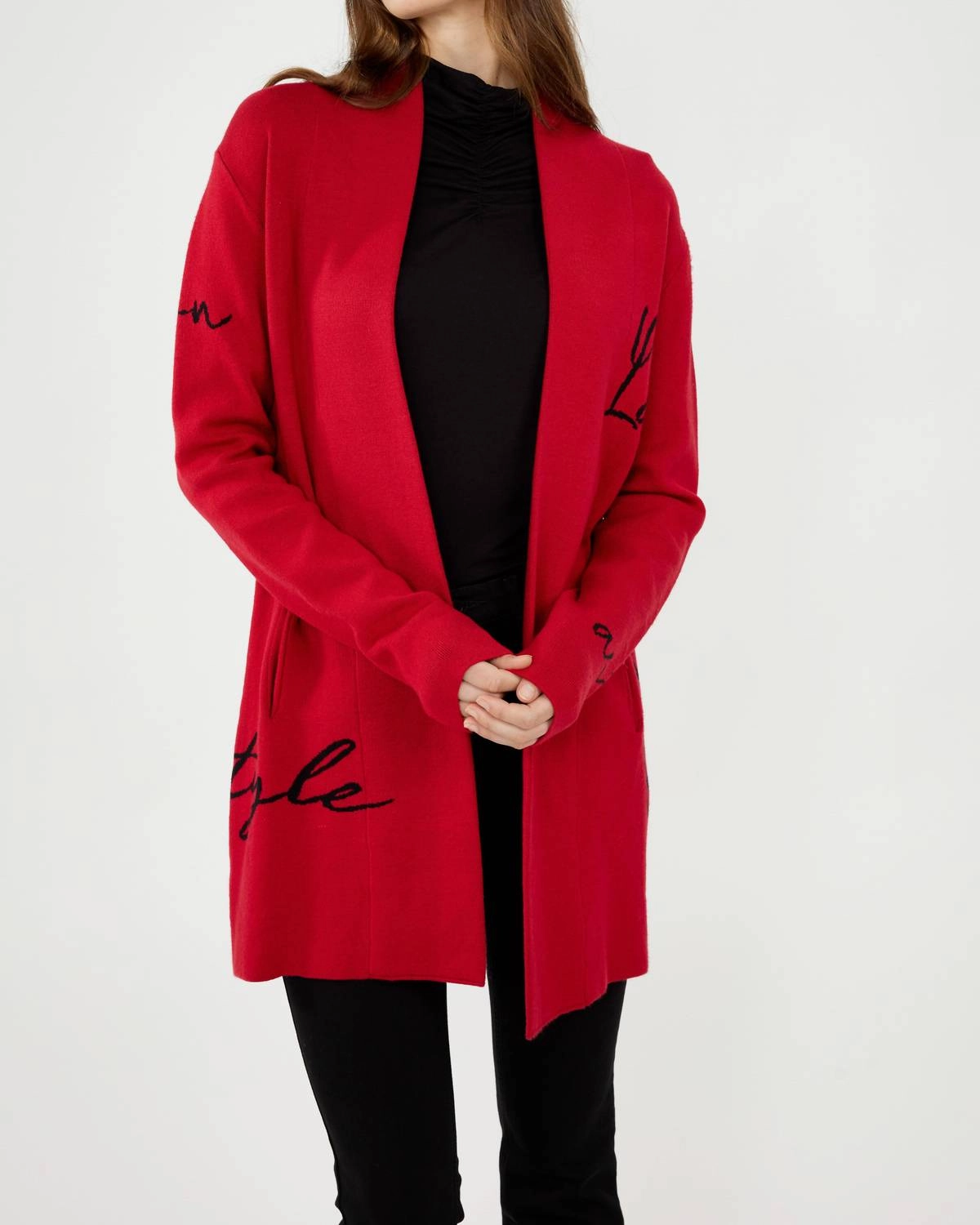 Knit Throw Over Cardigan In Red/black Warm Knitwear